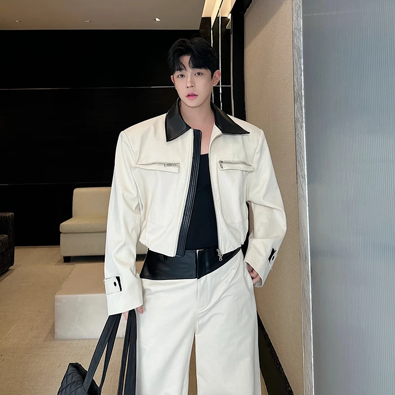 2025 Spring New Contrast Color 2pcs Masculinity Faux Leather Zipper Fashion Handsome Suit Sets Men Wide-Leg Pants Two-Piece Sets