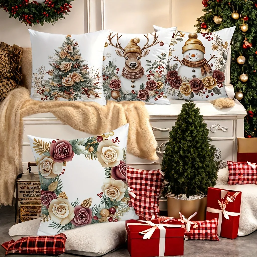 Modern Style Snowman and Reindeer Pattern Home Decor Pillowcase Bedroom Living Room Decor Polyester Cushion Cover