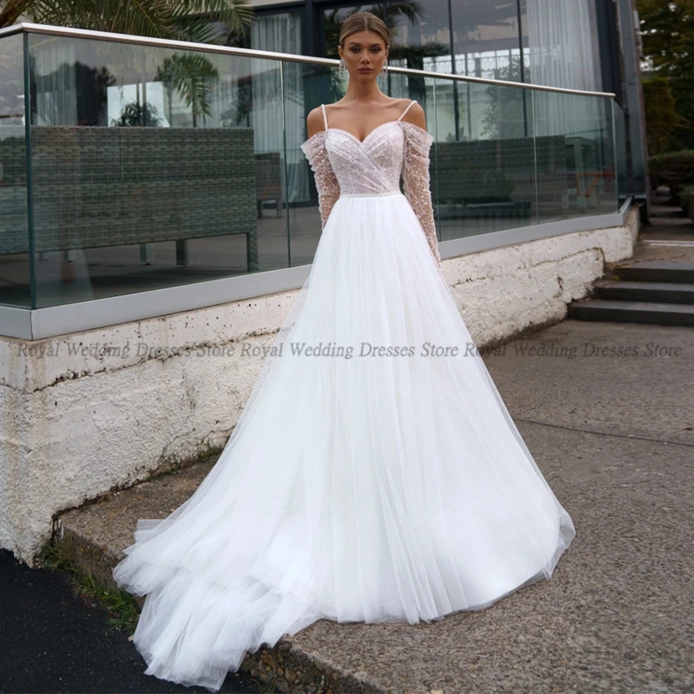 

Fashion A Line Wedding Dresses V Neck Spaghetti Tulle Draped 2022 Summer Criss-Cross Sleeveless Floor Length Gowns Robe De Ma