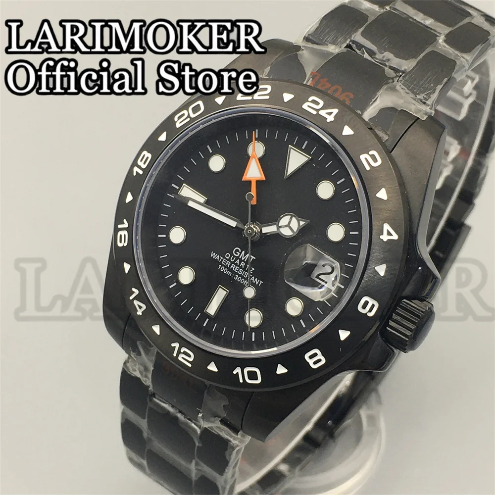 LARIMOKER 39MM All Black Men Quartz Watch Stainless Steel Case Sapphire Glass Black Dial Orange GMT Rhonda515 24h Movement Watch