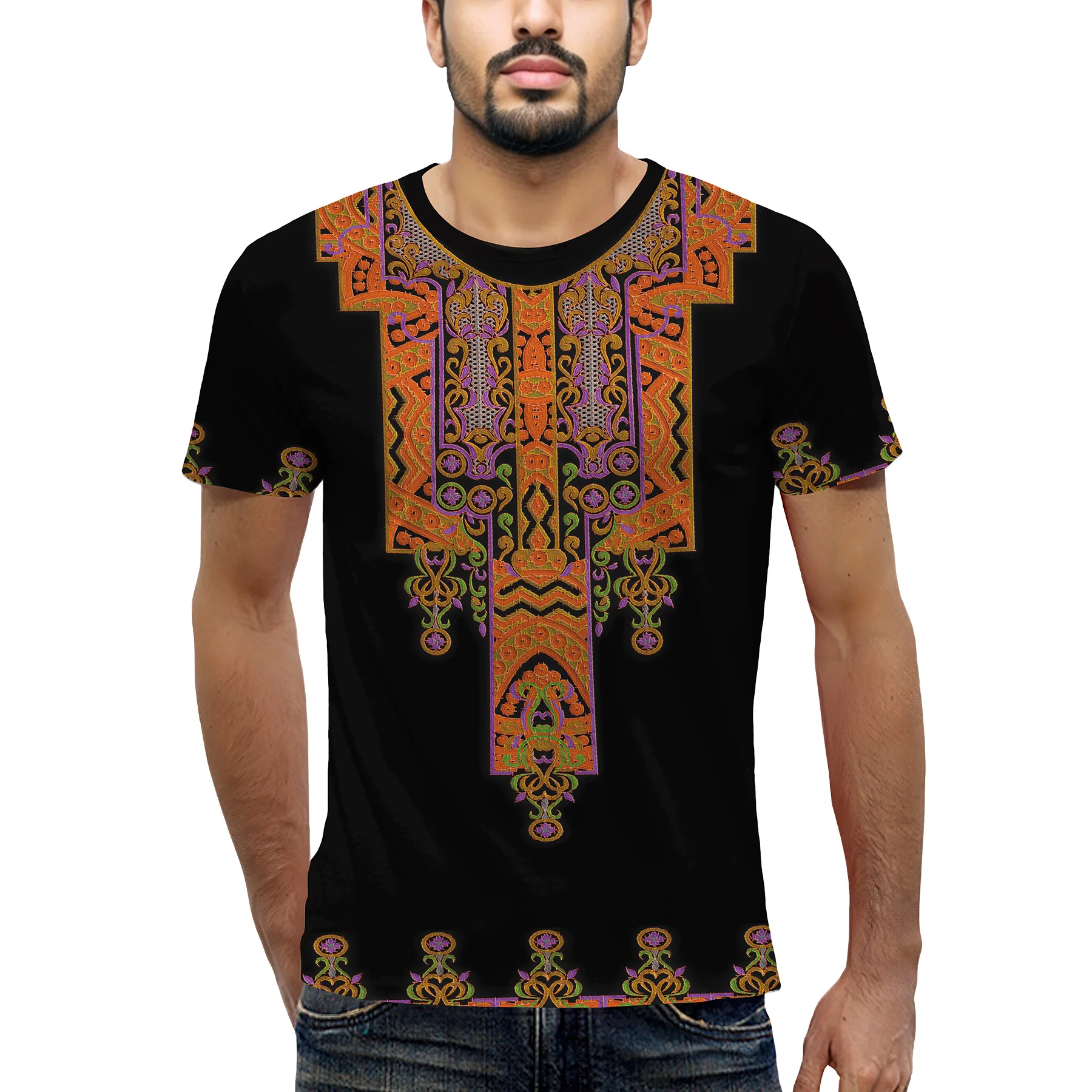 

Men's Ethnic Style Floral Print T-shirt Comfortable Stylish Vintage Unisex Top Embroidery 3D Printed Short Sleeve Clothing