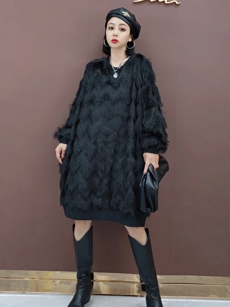 Ms spring 2023 new fashion imitation fur coat turtleneck sweater with velvet loose big yards long sweater fashion fluffy coat