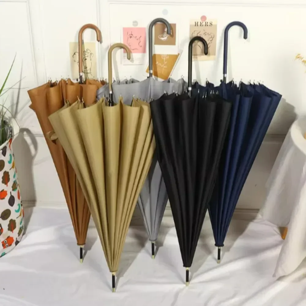 Long Handled Umbrella Strong 24 Bones Handle Rain Luxury Women Semi-Automatic Outdoor Pure Colorful Straight with Waterproof