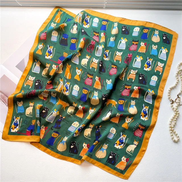 70cm*70cm Silk Square Scarf Women Cartoon cat Bag Print Foulard Big Hijab Bandana Lady Neckerchief High Quality Silk Scarf FJ095