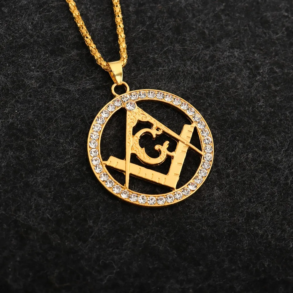 AG Masonic Round Men\'s Necklace Sliding Crystal Inlaid Pendant Metal Necklace Accessories Party Jewelry