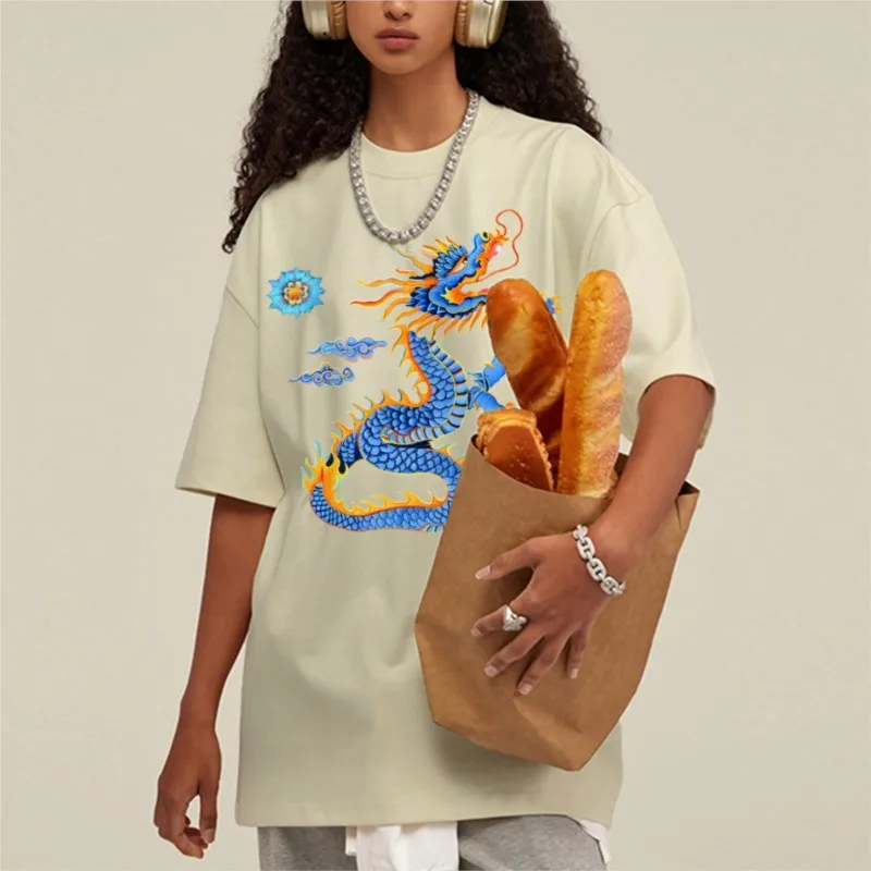 

Chinese Style Dragon Print Oversize Washed Top T-Shirt For Men High Quality Round Neck Short Sleeves Cotton Tee Blouse Pullover