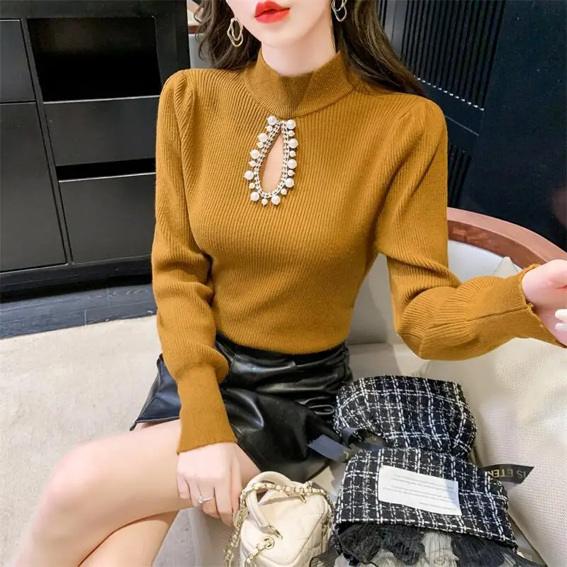 

Diamonds Hollow Out Pullover Jumpers Turtleneck Long Sleeve Solid Color Knitted Sweaters Women Slim Fit Pull Femme
