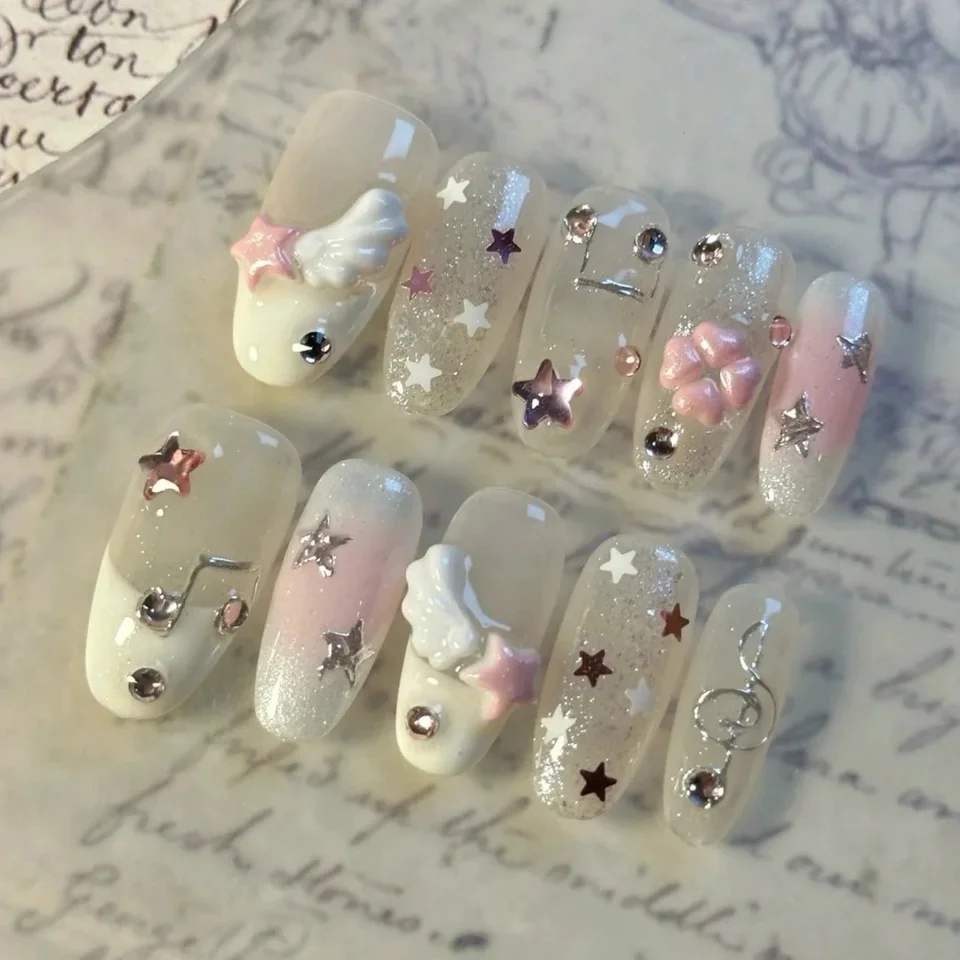10 Uñas Almendradas Hechas a Mano, Hermosas Uñas Postizas con Notas de Alas de Ángel, para Mujer 3
