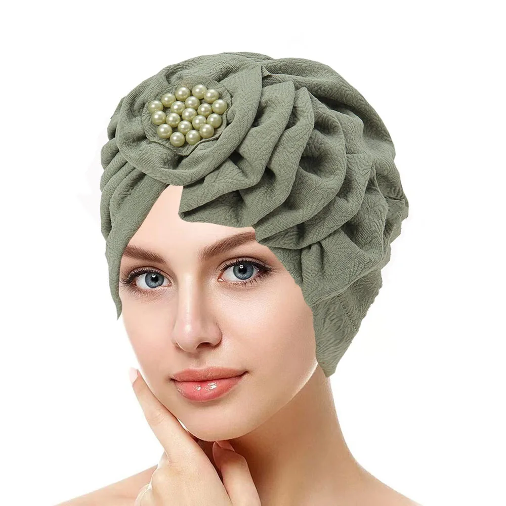 

Flowers Ruffle Women Turban Chemo Caps Muslim Hijabs Elastic Pearls Headscarf Wrap Bonnet Indian Turbante Mujer Hair Accessories