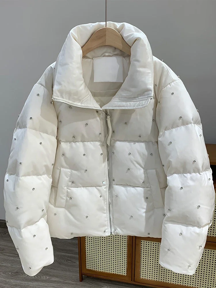 Winter Clothes White Thickened Short Diamond Puffer Coat Office Ladies 2023 New Warm Long Sleeve White Down Jacket for Women