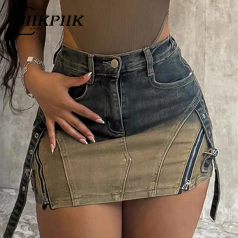 BIIKPIIK-Saias jeans gradiente de contraste feminino, bolsos vintage, mini saia com zíper magro, streetwear sexy, roupa de fundo