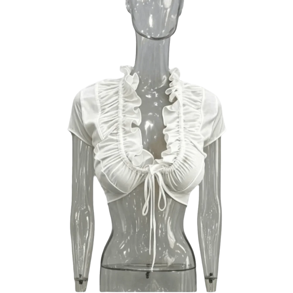 

Casual White Deep V-Neck Crop Top Lace Up Ruffles Pleated Solid Sleeveless Ruched Short Sleeve Summer Commute