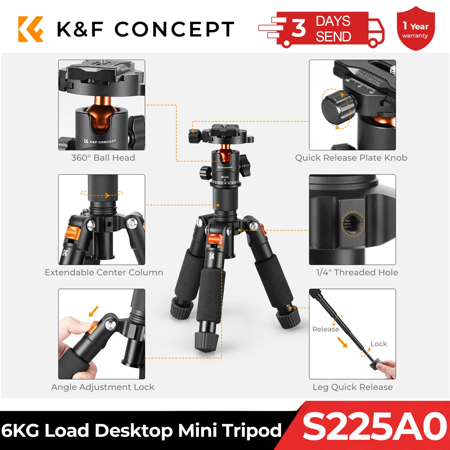 

K&F Concept 52cm Mini Desktop Tripod with 360° Ball Head 1/4'' Quick Release Plate for Camera Video Compact Desk Tripods S225A0