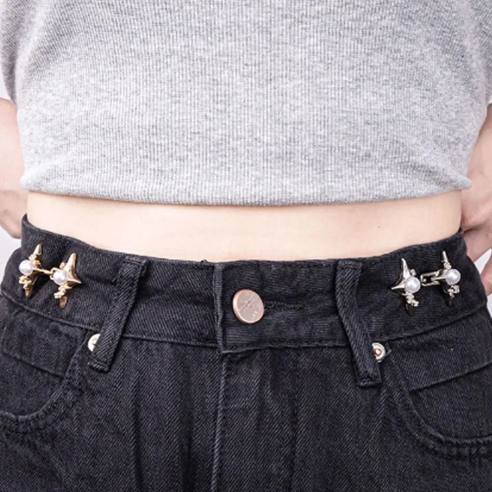 Adjustable Waist Jeans Waist Tightener Four-Point Star No-Sew Waist Adjustment Pin Imitation Pearl Waist Buckle