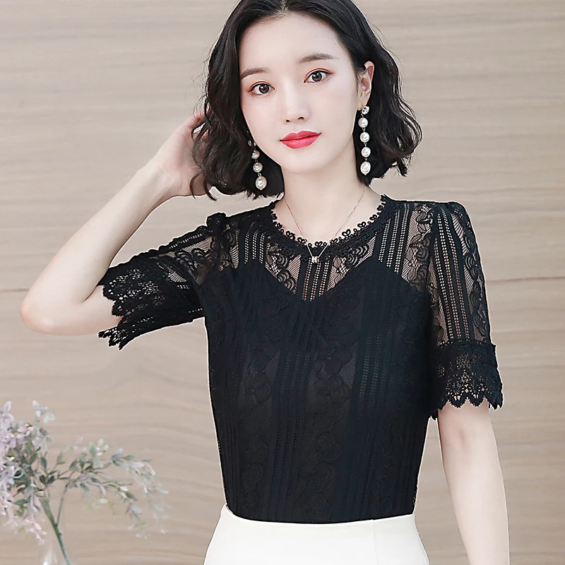 Women Blouse O Neck Summer 2021 New Lace Loose Fashion Hollow Short Sleeve Chiffon Embroidery Mesh ladies tops NS5029