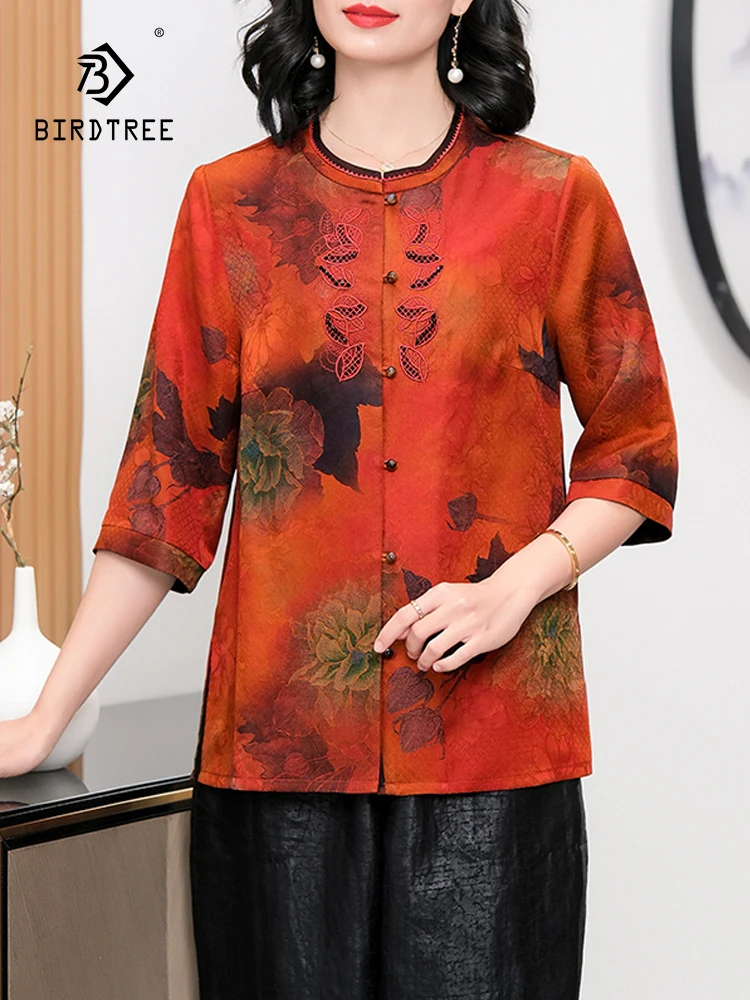 

BirdTree, 100%Real Silk Watered Gauze Shirts, Women Half Sleeve Printed, Oversize Mom Chinese Style Blouse, 2024 Summer T44493QC