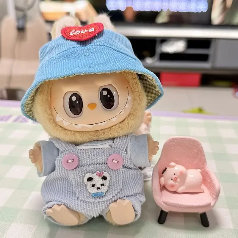 Mini Plush Doll'S Clothes Outfit Accessories For Labubu V1 V2 Idol Dolls sitting party Pocket overalls hat set Clothing Gift