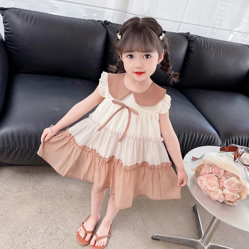 1-8T Summer Girls Dress Flying Sleeve Bow Loose Casual Dresses Sleeveless Splicing Tulle Dresses Children Princess Cake Vestidos