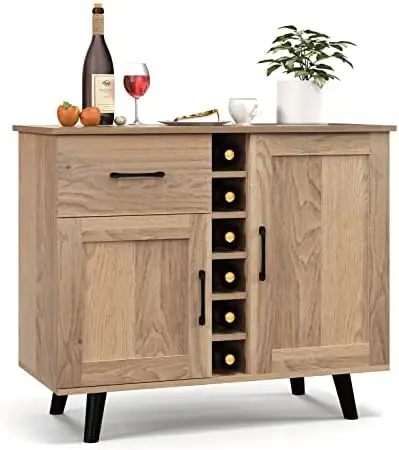 Bar Cabinet, Buffet Sideboard for 6 Wine Bottles, Wood Pantry Cupboard with Storage Drawer, 2 Door Cabinets