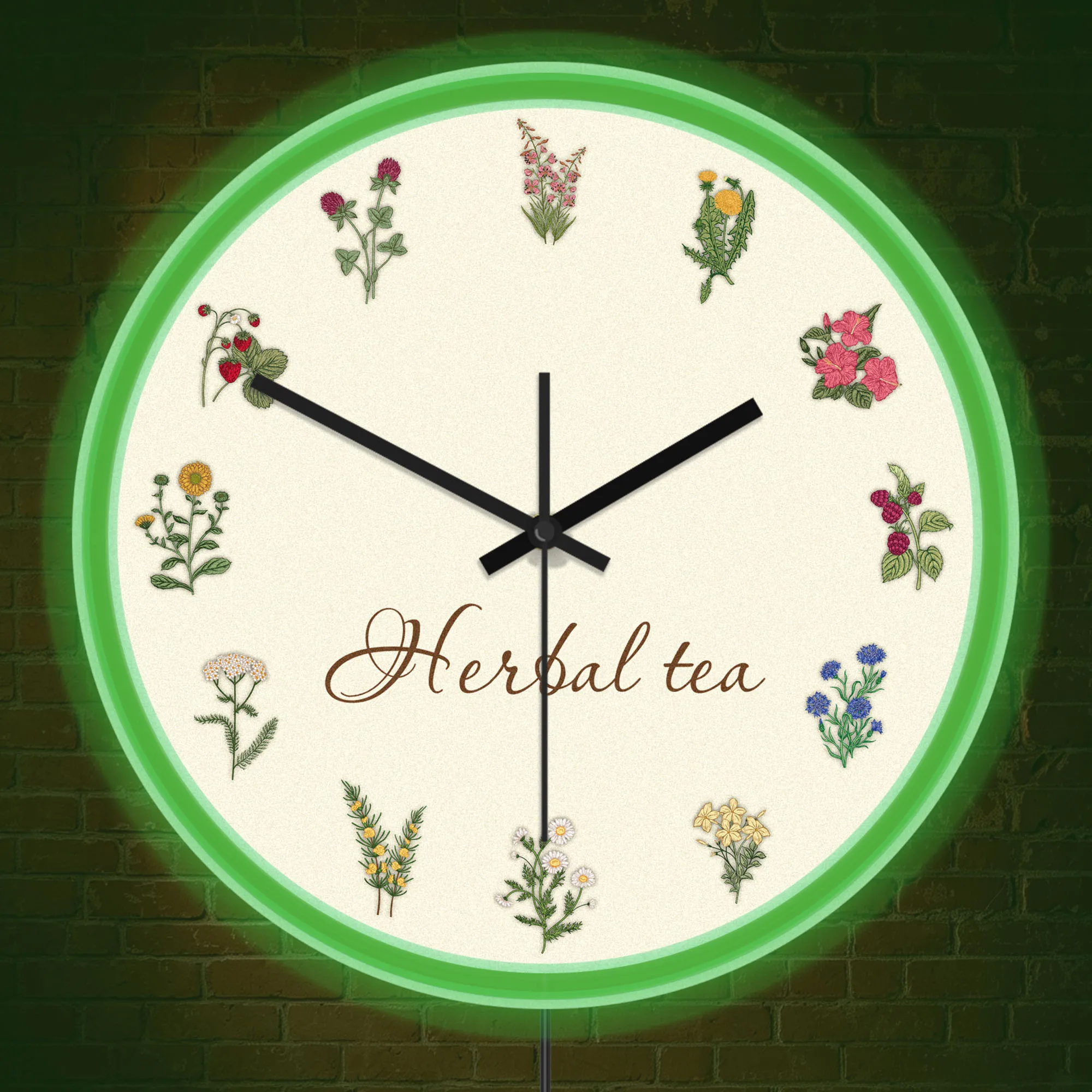 Botanical Herbal Tea Luminous Wall Clock with Built in Neon LED Ring As Soft Night Light Illuminated Sign for Tea Room Herb Shop