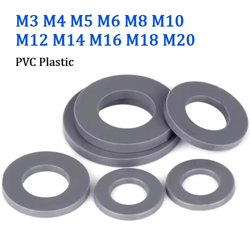 20/50Pcs Gray PVC Plastic Flat Washer M3-M20 Insulating Gasket Acid & Alkali Resistant Corrosion‑Proof Plastic Shim