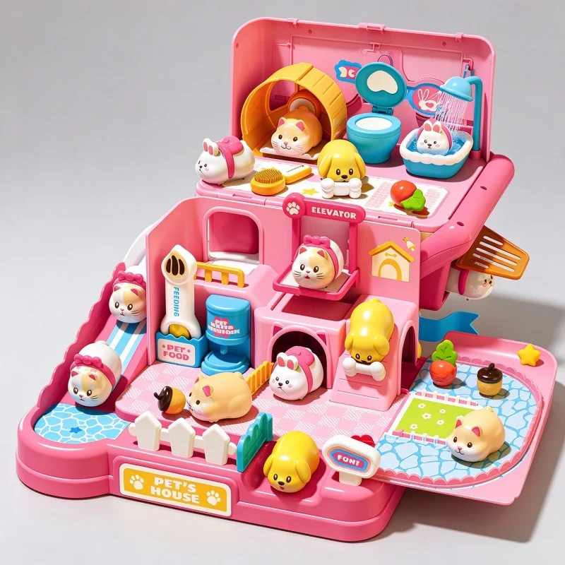 Magnetic Pet House Pretend Play Toy Portable Hand Carry Simulation Pet Care Playset for Girls Kids 3+ Birthday Holiday Gift