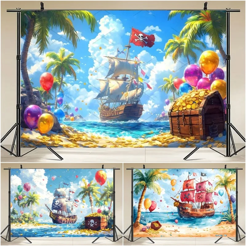 Oil Painting Style Pirate Theme Baby Birthday Photography Background Summer Sea Ship Treasure Backdrop Baby Photo Photographic