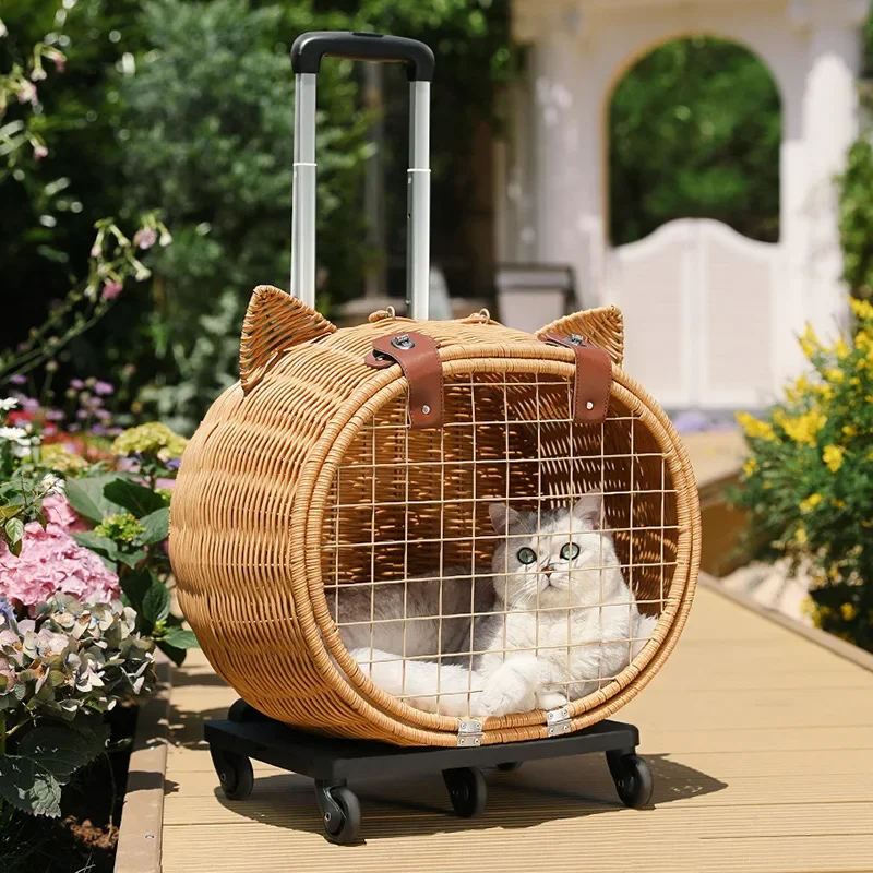 Pet Outing Trolley Box Portable Rattan Pet Stroller Suitcase Anti-stress Cat Suitcase Japanese Retro Pastoral Pet Stroller