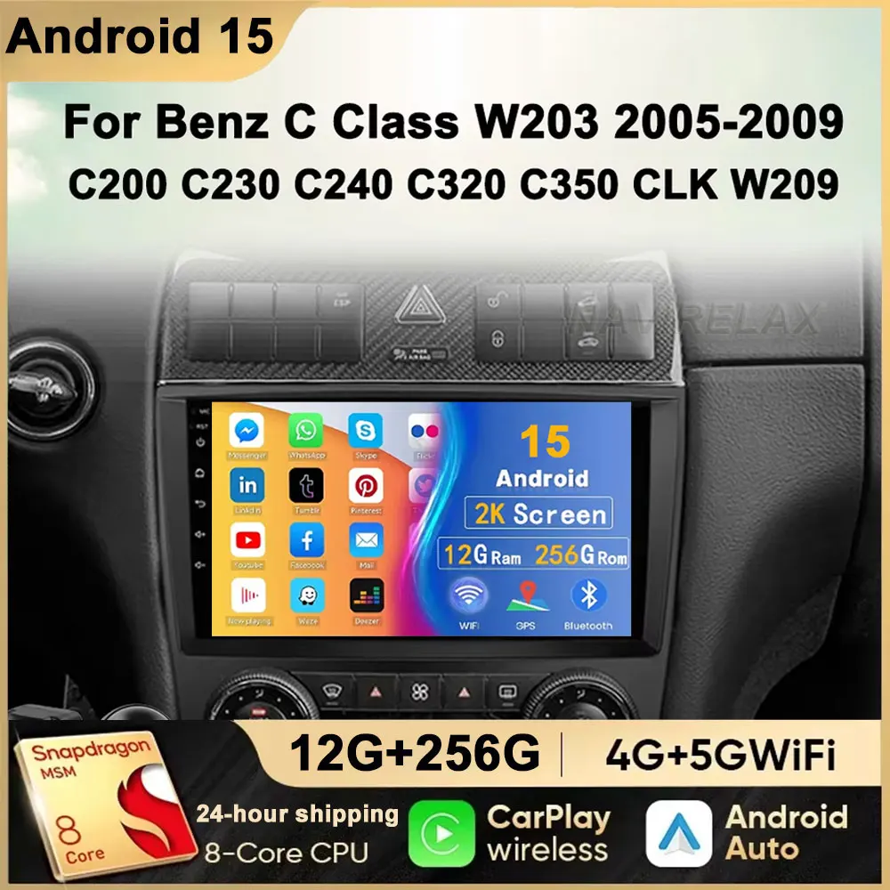 راديو سيارة 9 بوصة Carplay 4G 2Din أندرويد 15 لسيارة Mercedes Benz CLC W203 C-Class C180 C200 CLK200 CLK W209 مشغل فيديو GPS DSP