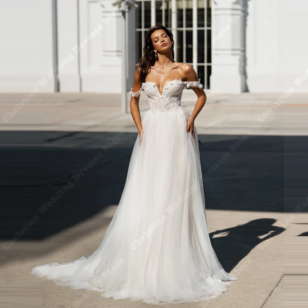 

Off The Shoulder Women Wedding Dresses Sexy Lace Print A-Line Bridal Gowns Mopping Length Banquet Vestidos De Novias Customized