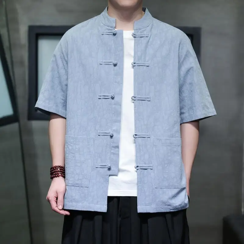 Summer Mandarin Collar Jacquard Tang Clothes Tops Linen-Cotton Vintage Button Hanfu Jacket Casual Blouse Plus Size 5Xl Outwear