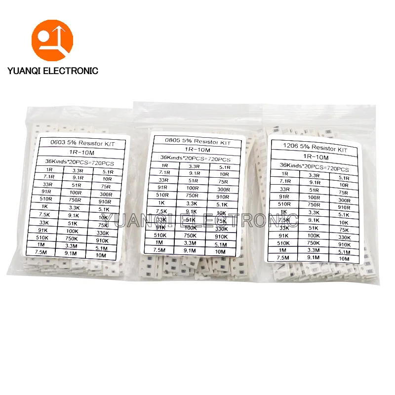 

0402 0603 0805 1206 1210 2010 2512 SMD Resistor Assorted Kit 10K 100K 1K 100R 220R 1% 5%