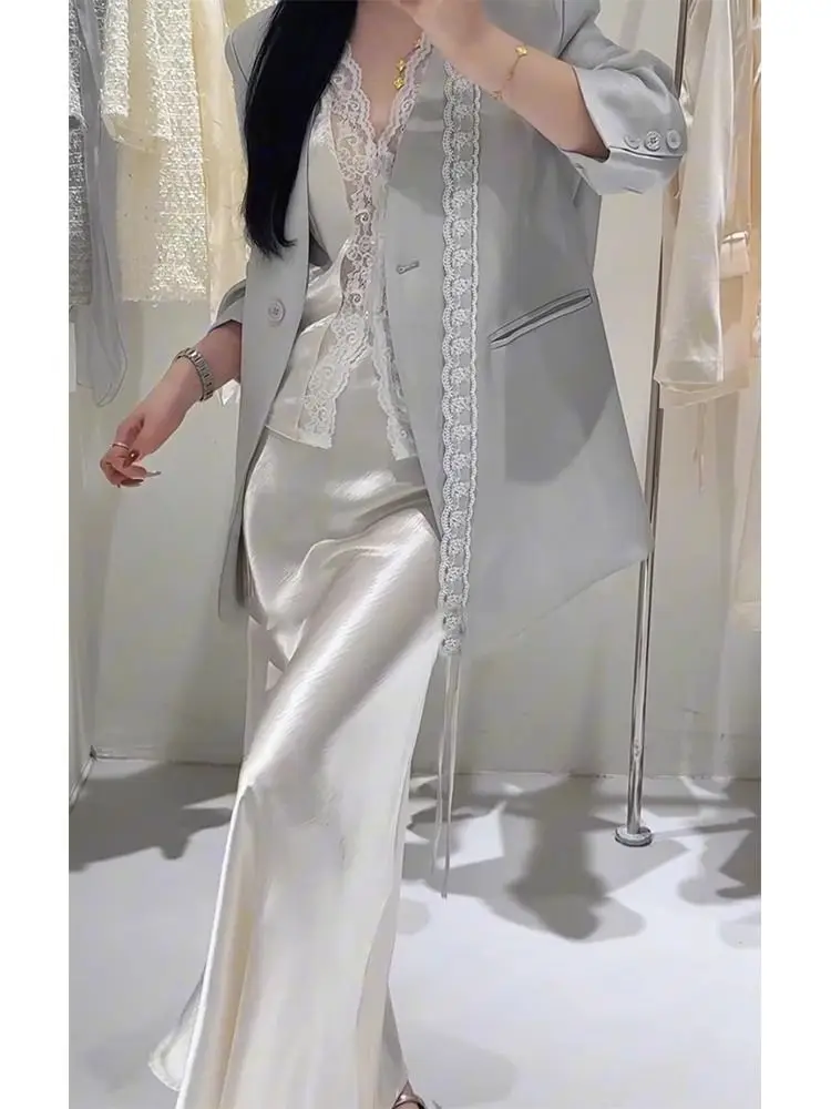 Spring and Autumn Style Professional Light Grey Suit Coat Casual Skirt Elegant Women's Two Piece Set