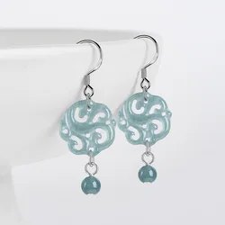 Natural A-grade Jade Blue Water Antique Earrings With Hollowed Out New Chinese S925 Silver Ice Jadeite For Women's Jewelry