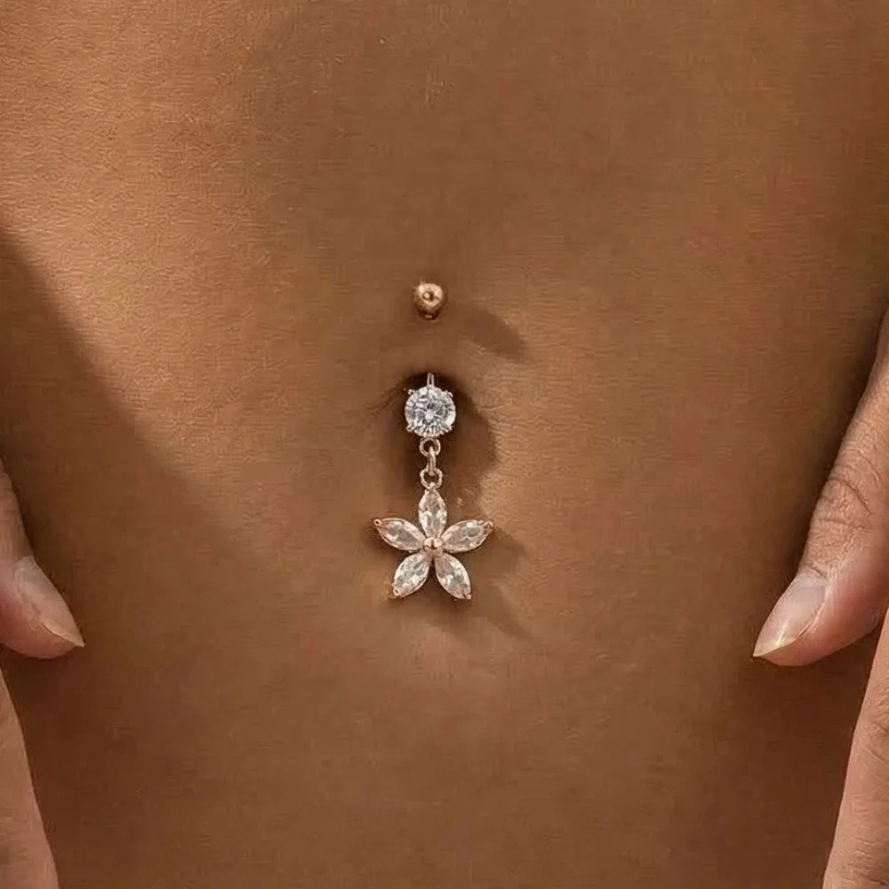 Alloy Rhinestone Piercing Belly Dual Color Shiny Apricot Blossom Navel Jewelry Waterproof Mini Flower Rhinestone Belly Ring