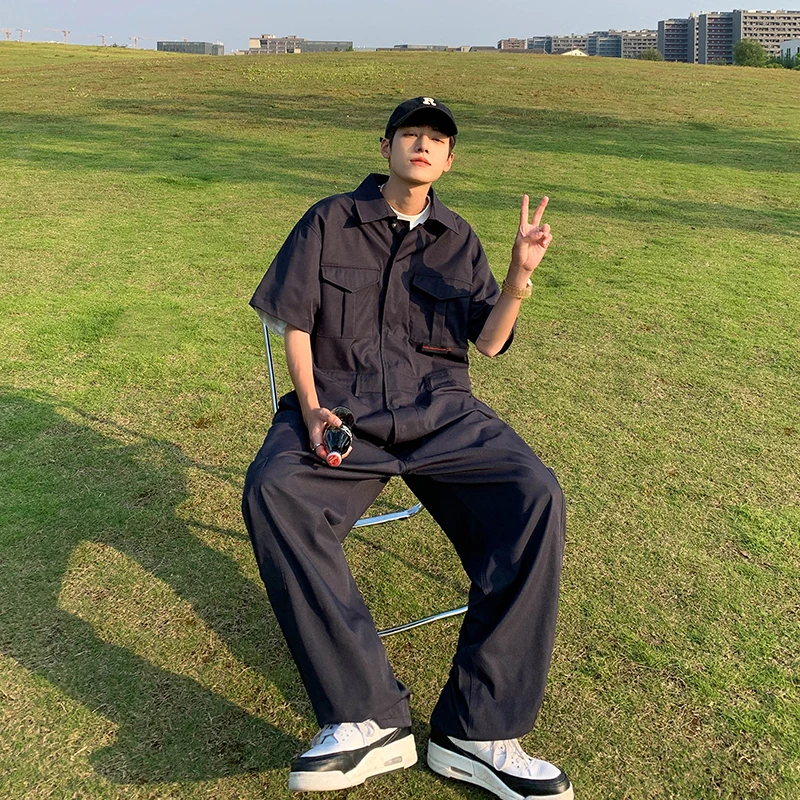 Summer and Autumn Simple Pure Color Thin Workwear Loose Casual Drape Long Sleeved Turn-Down Collar Jumpsuit Men