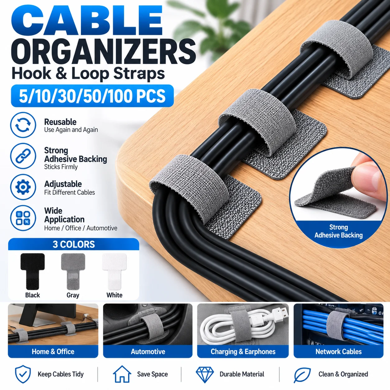 5/10/30/50/100PCS Self Adhesive Reusable Cable Ties Adjustable Hook Loop Cord Organizer Straps for Desk Home Office Management