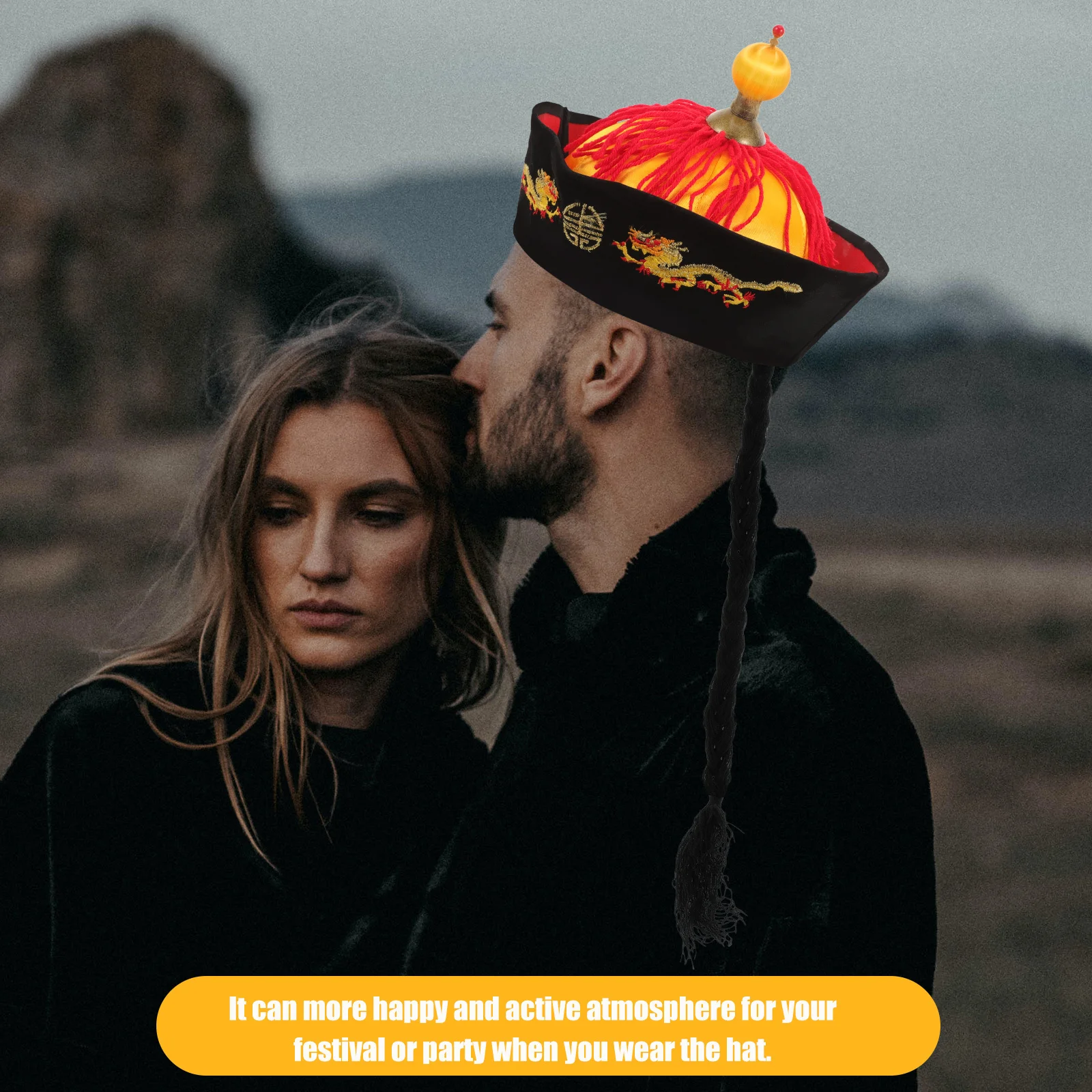 

Emperor Hat Chinese Style Headgear Retro Cosplay Prop Men Clothing Flannel Performance Festive Party Hat Black Edge