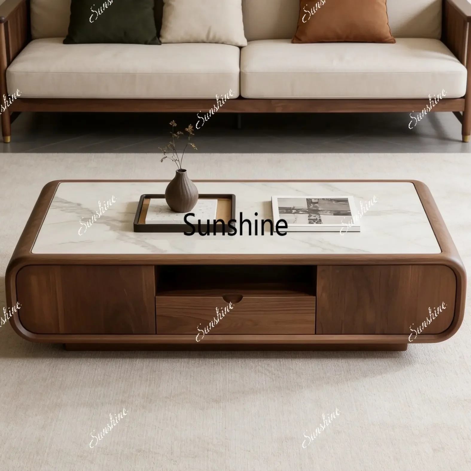 

New Chinese rock slab countertop storage light luxury high-end living room solid wood coffee table, can be customized