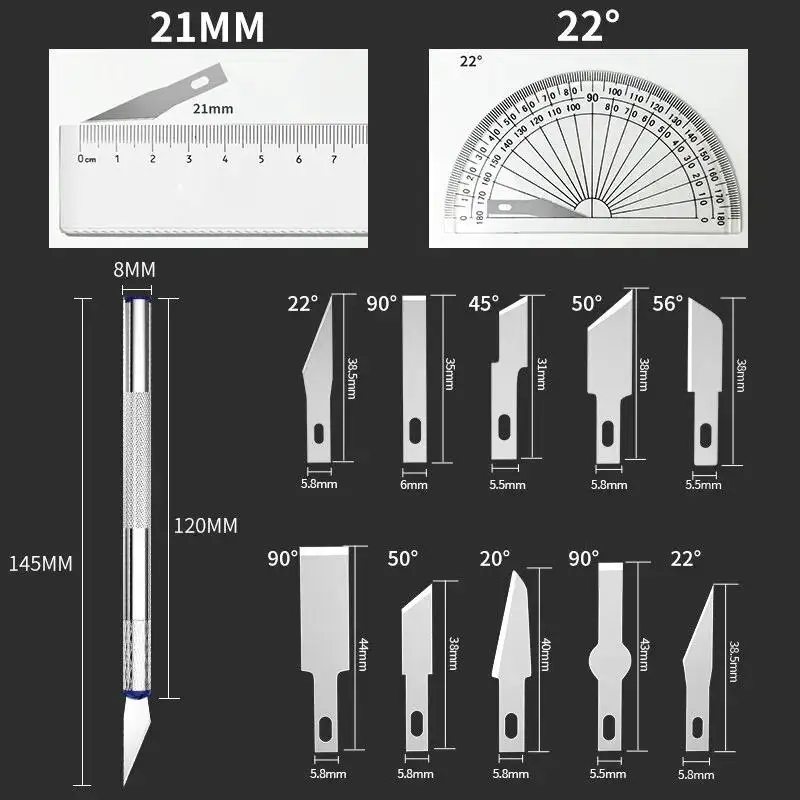 Cortador de papel de madera, cuchillo de talla con caja azul, bisturí, cuchillas de acero, cuchillos de grabado para manualidades, dibujo, herramientas manuales DIY, 13 Uds.