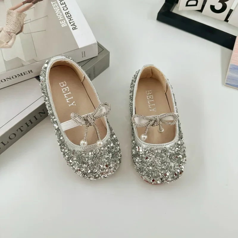 Girls Princess Shoes for Wedding Party Kids Flat Rhinestone with Pendant Glitter Sweet Little Children Dress Shoes Elastic Band