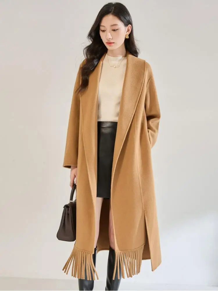 

Офисный женский халат, элегантные шерстяные куртки, осень-зима 2025 года, свободные женские длинные пальто из 100% шерсти с лацканами и кисточками на шнуровке