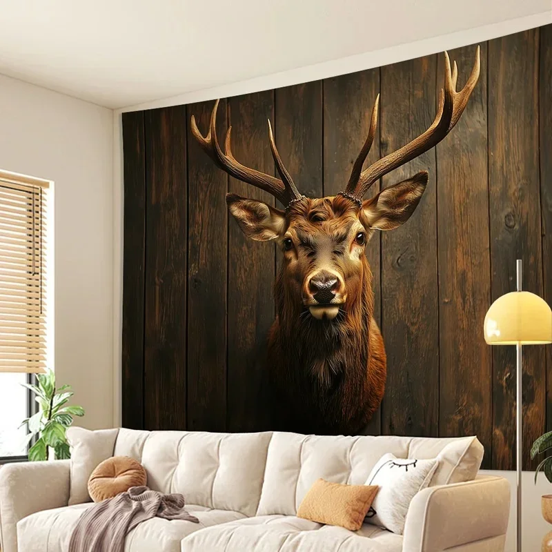 VIKAMA Deer Head Tapestry Vintage Wooden Board Stag Antler Wall Hanging Art Decor for Bedroom Living Room Cabin Home Decoration