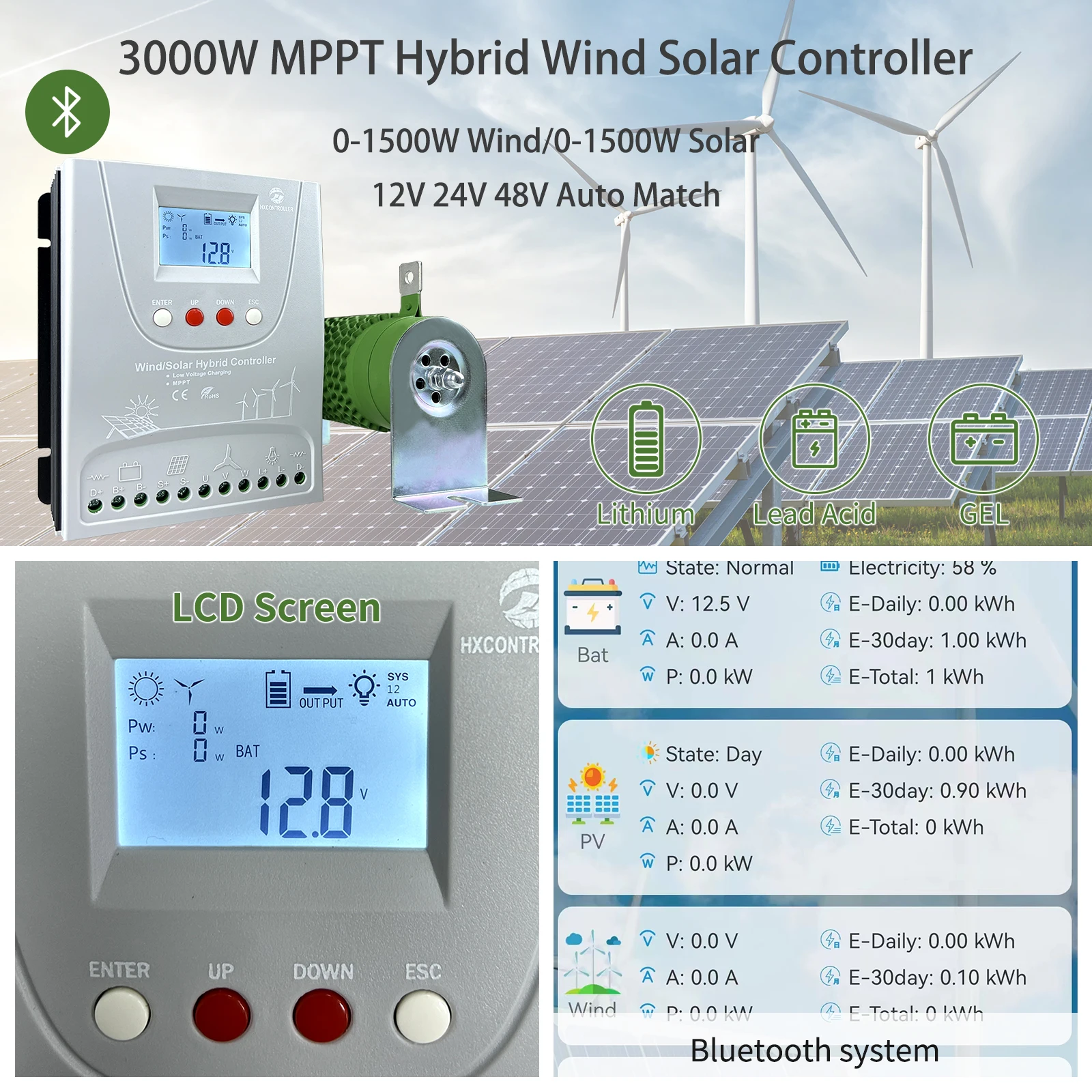 Imagem -02 - Controlador Solar Híbrido Mppt Gerador de Turbina Eólica Regulador Wifi com Display Lcd Bateria Lifepo4 Gel 2000w 12v 24v 48v