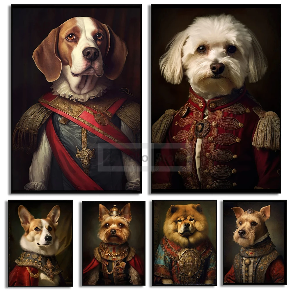 Funny Cute Middle Ages Duke Noble Dog Portraits Beagle Samoye Poster Prints Canvas Painting Wall Art Pictures Home Room Decor