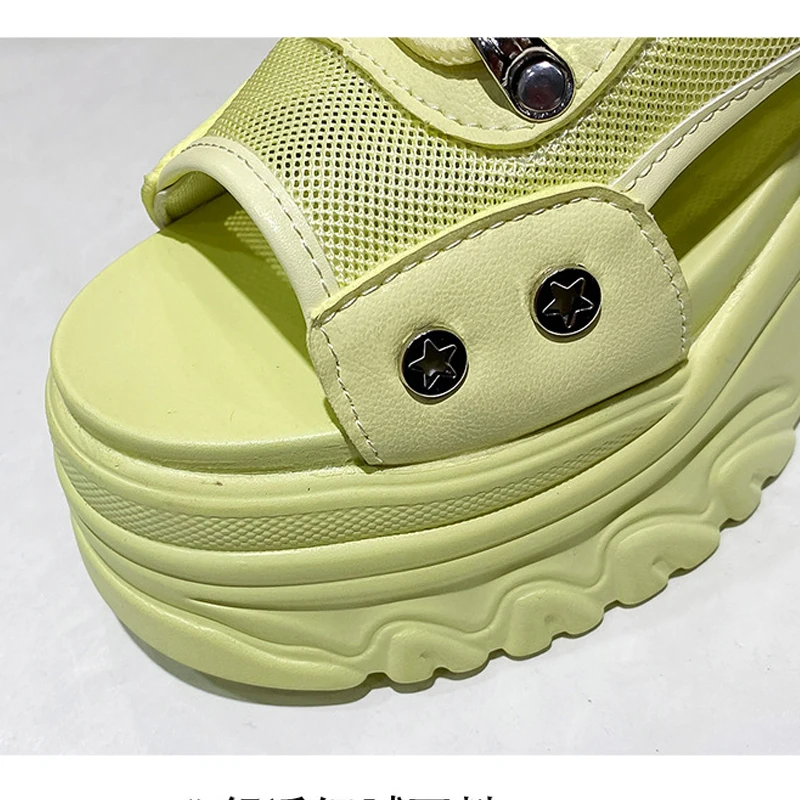 Zapatillas deportivas transpirables de malla con plataforma plana para mujer, sandalias de gladiador con cordones y cuña hueca para verano, zapatos de suela gruesa para mujer