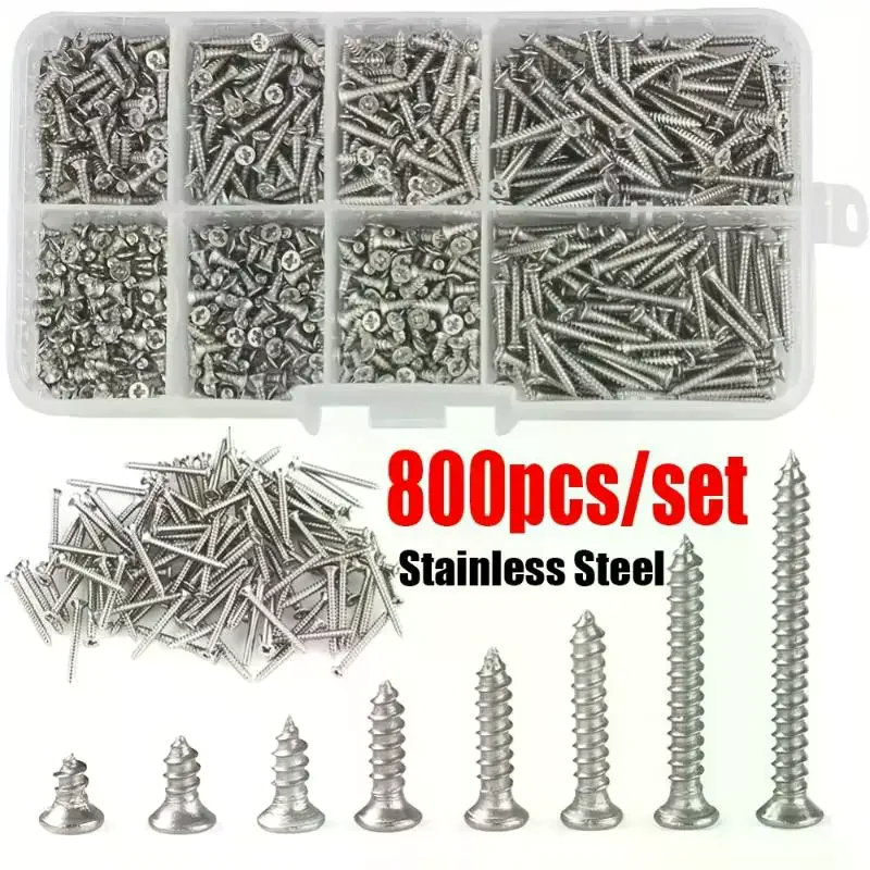 800pcs Self Tapping Wood Screws Set, M2 Flat Head Sheet MetalScrew, Self Tapping Screws Assortment Kit