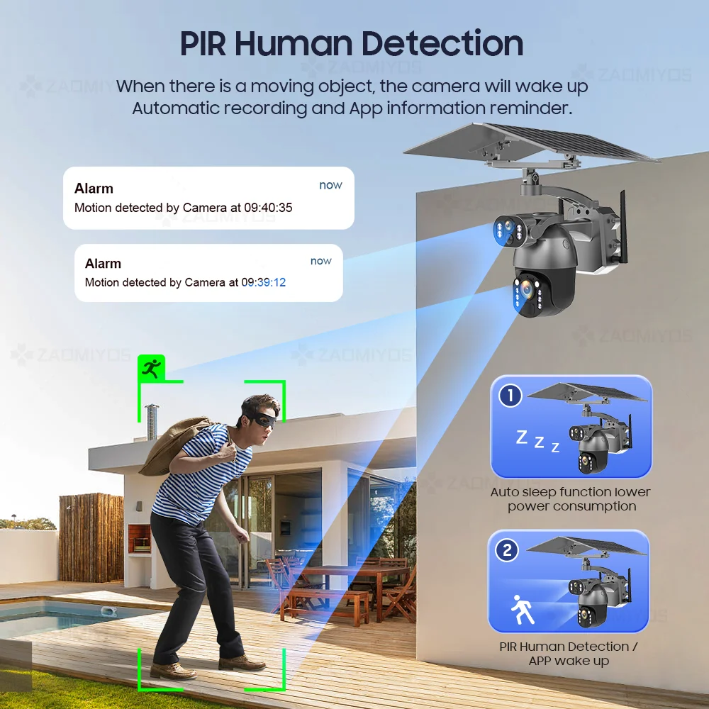 Caméra de surveillance extérieure solaire PTZ IP WiFi 4G, dispositif de sécurité sans fil, étanche, avec n'aime x50, écran pour touristes, détection de mouvement et suivi, epi4 K