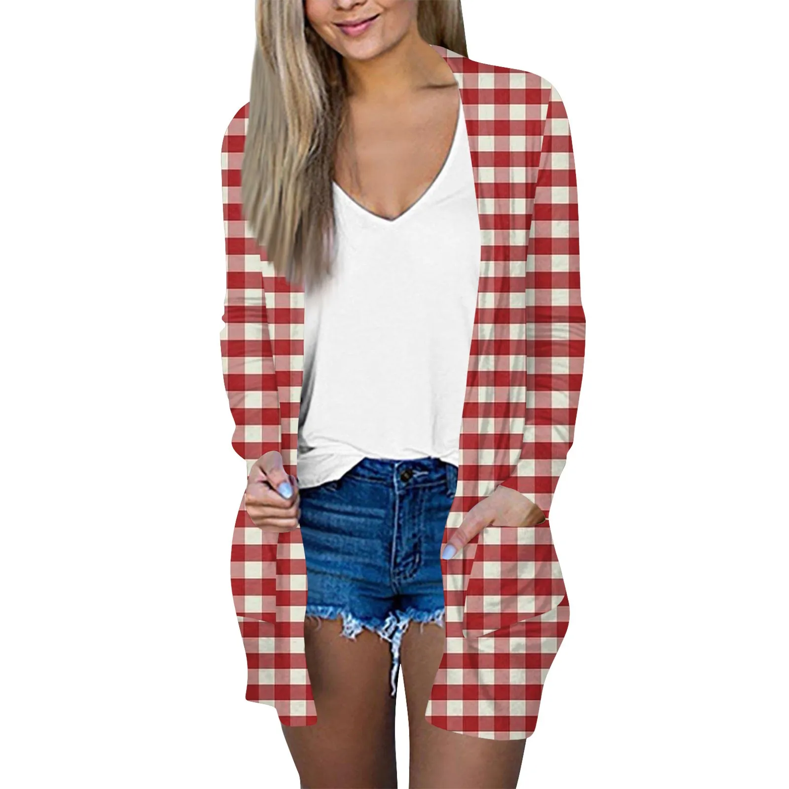 Plaid Shirt Women's Mid Length Checked Shirt Spring Summer Long Sleeved Versatile Tops Loose Fashion Casual Cardigan With Pocket