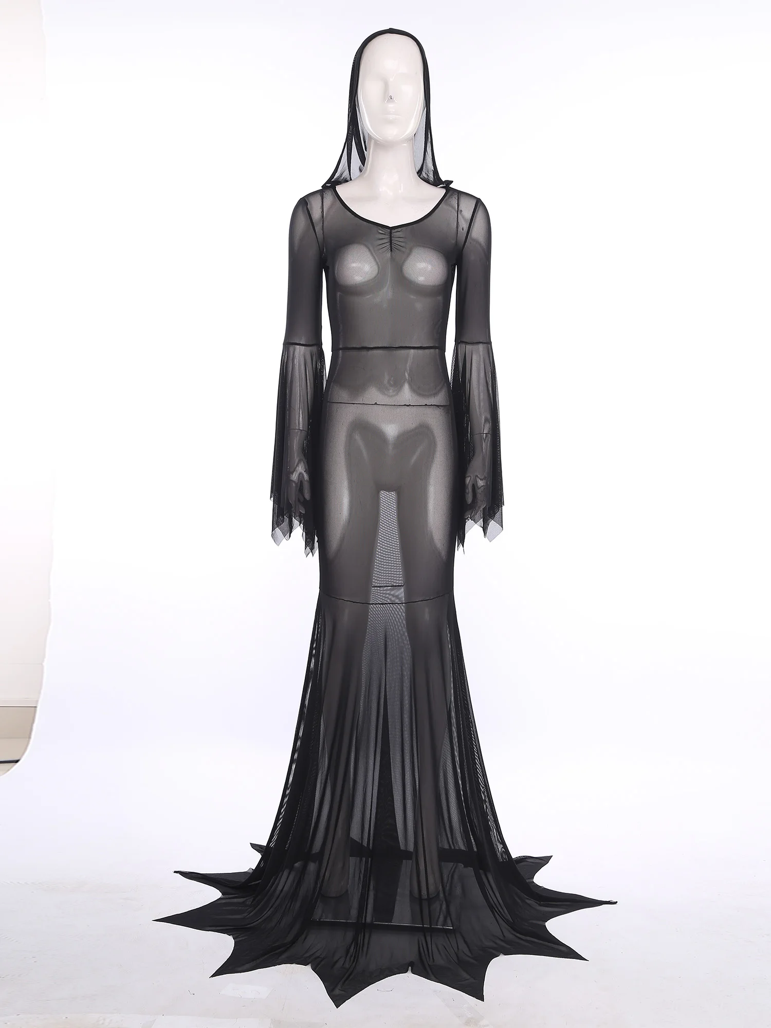 المرأة الساحرة مصاص دماء زي بقماش شفاف متوهج كم Bodycon ماكسي مقنعين فستان القرون الوسطى القوطية طول الأرض فستان لجميع القديسين